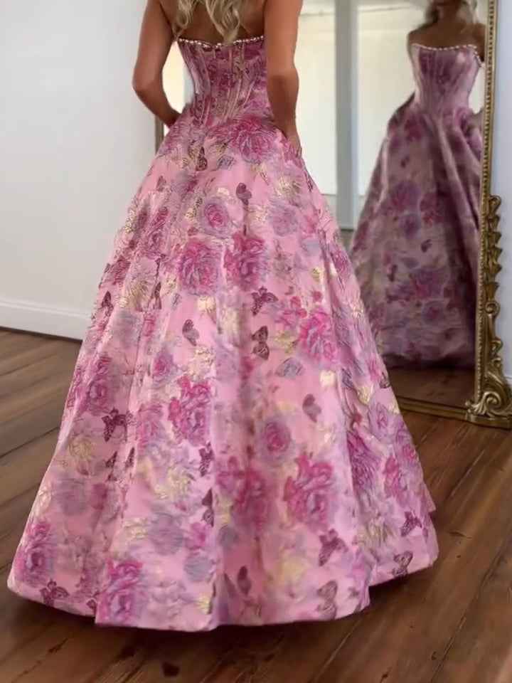 A Line Prom Dresses 3D Floral Strapless Beaded Rhinestone Gown