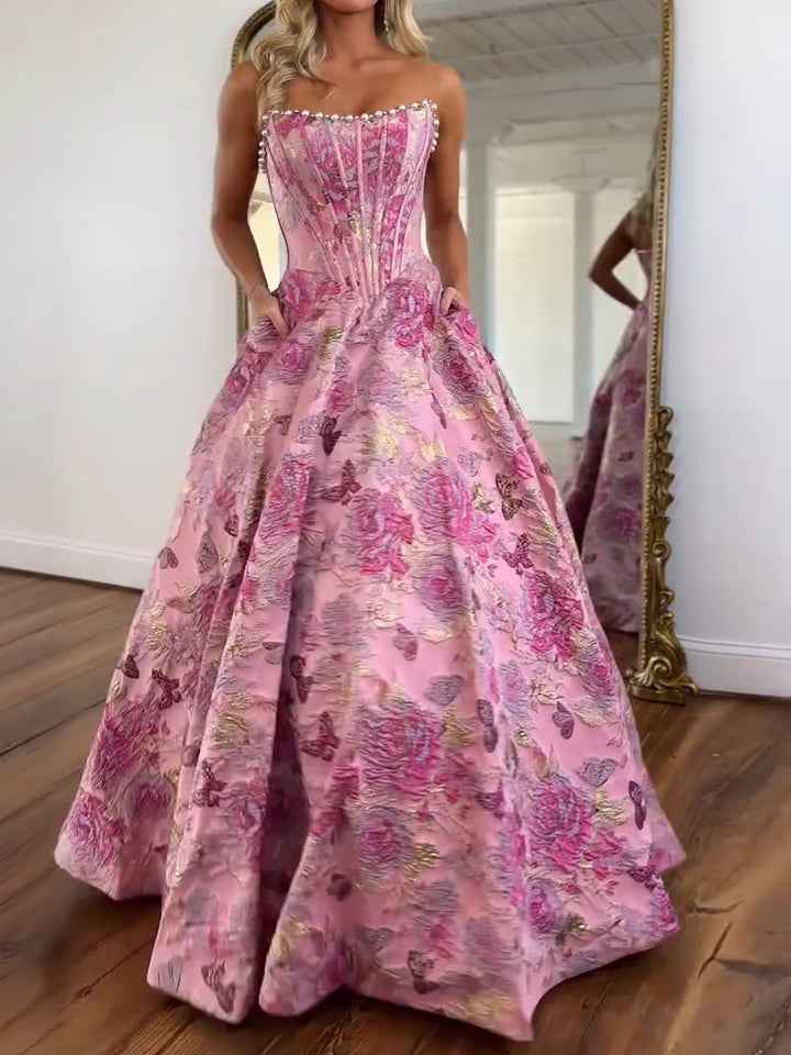 A Line Prom Dresses 3D Floral Strapless Beaded Rhinestone Gown