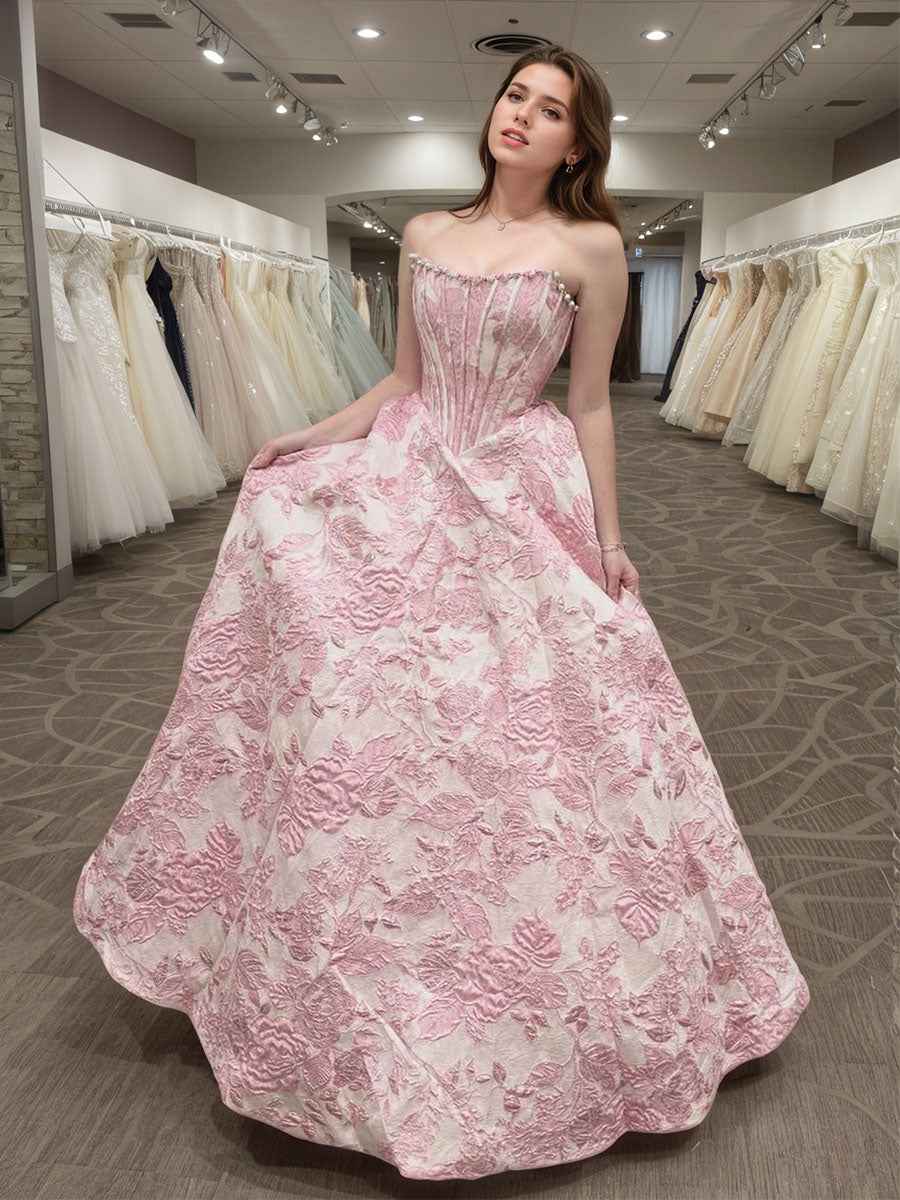 3d Floral Strapless Beaded Evening Prom Dress