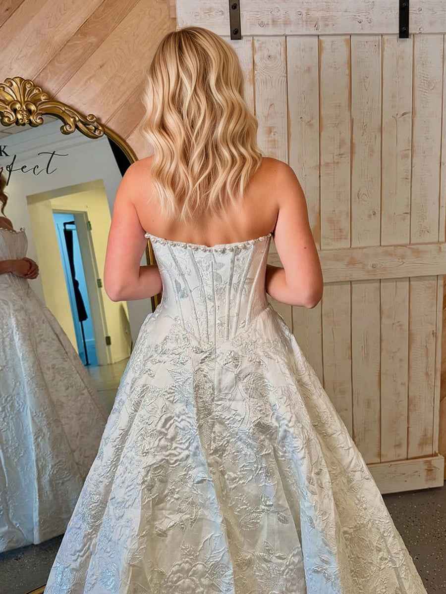 A Line Prom Dresses 3D Floral Strapless Beaded Rhinestone Gown