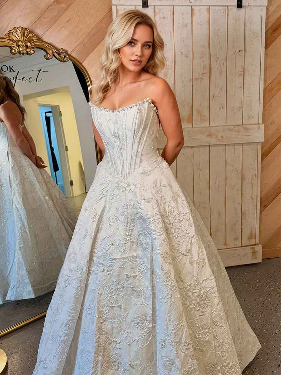 A Line Prom Dresses 3D Floral Strapless Beaded Rhinestone Gown