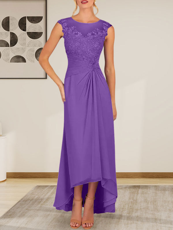 Champagne A-Line Scoop Lace Chiffon Dress