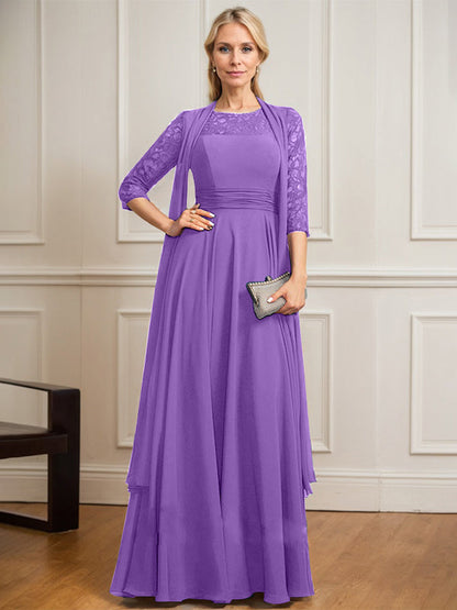 A-Linie U-Ausschnitt Illusion Bodenlang Spitze Chiffon Mutter der Braut Kleid Mit Plissee 