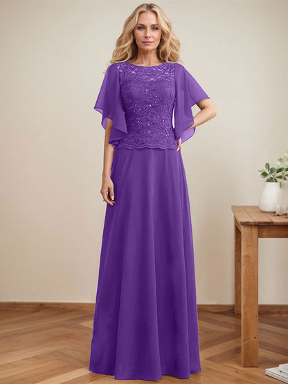 A-Linie, U-Ausschnitt, Illusion, bodenlanges Spitzen-Chiffon-Kleid für die Brautmutter mit Pailletten 