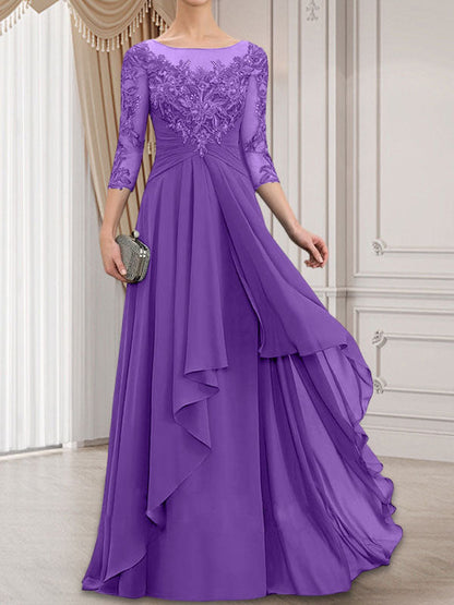 A-Linie, U-Ausschnitt, Illusion, bodenlanges Chiffon-Kleid für die Brautmutter mit kaskadierenden Rüschen