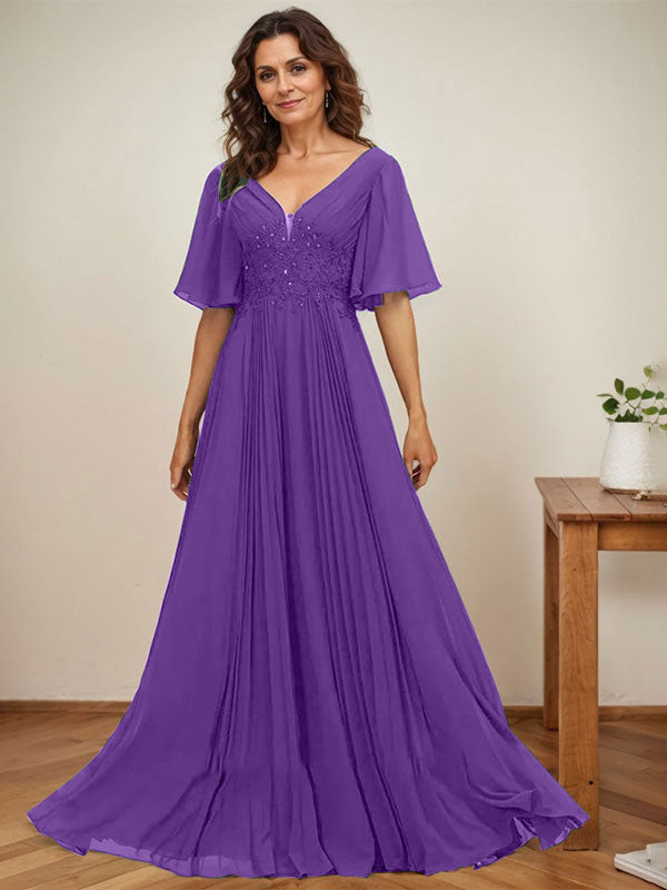 A-Linie V-Ausschnitt Bodenlang Chiffon Mutter der Braut Kleid Mit Pailletten Applikationen Spitze Plissee 