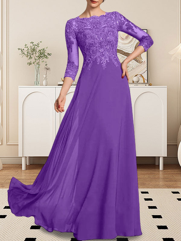 A-Linie U-Ausschnitt Bodenlang Spitzen-Chiffon-Kleid für die Brautmutter mit Pailletten