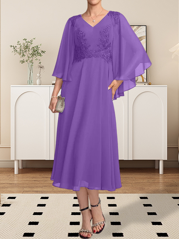 A-Linie, V-Ausschnitt, knielang, Chiffon, Spitze, Kleid für die Brautmutter mit Perlen und Pailletten