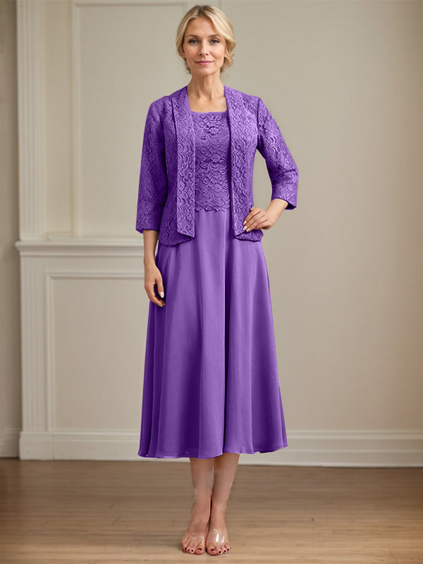 A-Linie U-Ausschnitt Wadenlang Chiffon-Kleid für die Brautmutter 