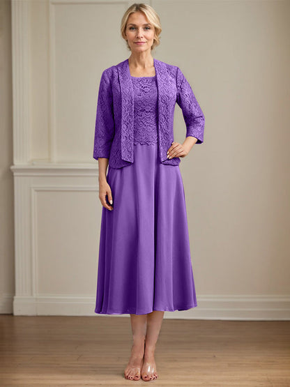 A-Linie U-Ausschnitt Wadenlang Chiffon-Kleid für die Brautmutter 