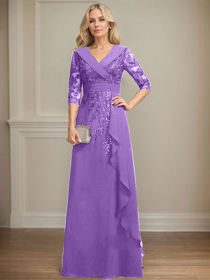 Vestido de madre de la novia de gasa con encaje, escote en V, corte A y largo hasta el suelo, con lentejuelas y volantes en cascada 