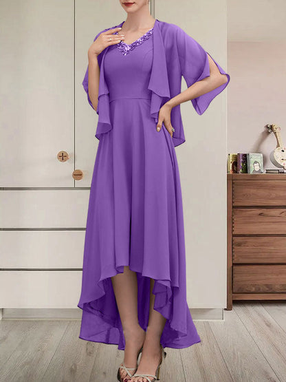 Vestido de gasa asimétrico para madre de la novia con escote en V, corte A y lentejuelas con abalorios