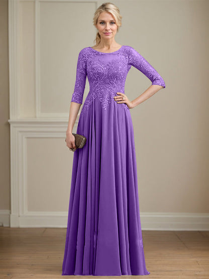 A-Linie, U-Ausschnitt, Illusion, bodenlanges Spitzen-Chiffon-Kleid für die Brautmutter mit Pailletten 