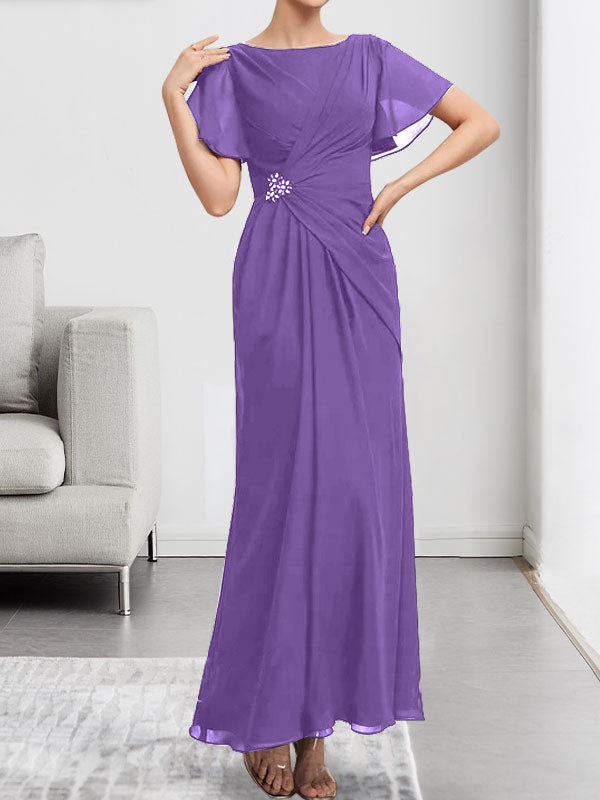Robe de mère de la mariée en mousseline, longueur cheville, en ligne A, encolure dégagée, ornée de perles et plissée