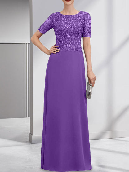 A-Linie U-Ausschnitt Bodenlang Spitzen-Chiffon-Kleid für die Brautmutter mit Pailletten