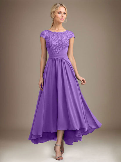 A-Linie U-Ausschnitt Illusion Asymmetrische Spitze Chiffon Mutter der Braut Kleid Mit Plissee 
