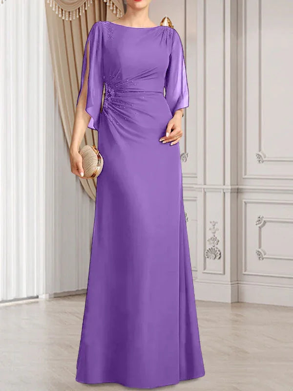 Vestido de madrina de novia de gasa largo hasta el suelo con corte columna y fajín plisado con cuentas