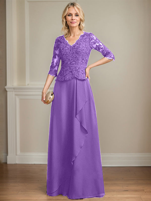 Vestido de madre de la novia de gasa con encaje, escote en V, largo hasta el suelo, con volantes en cascada y lentejuelas 