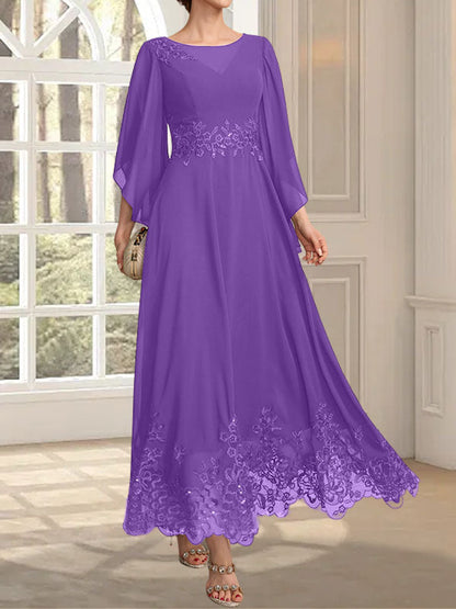 A-Linie, U-Ausschnitt, Illusion, knöchellang, Spitzen-Chiffon, Kleid für die Brautmutter mit Pailletten 