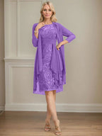 Abito da madre della sposa in pizzo e chiffon con gonna a colonna a effetto illusion fino al ginocchio, con balze a cascata e paillettes