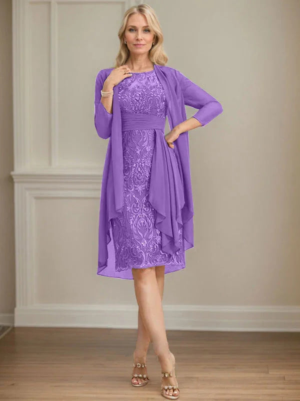 Abito da madre della sposa in pizzo e chiffon con gonna a colonna a effetto illusion fino al ginocchio, con balze a cascata e paillettes