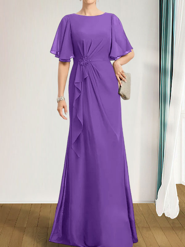 Robe de mère de la mariée en mousseline longueur au sol, en ligne A, décolleté arrondi, avec volants en cascade, perles et paillettes