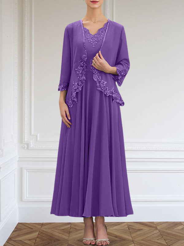 Robe de mère de la mariée en mousseline, ligne A, col en V, longueur cheville, ornée de paillettes, appliques en dentelle et perles