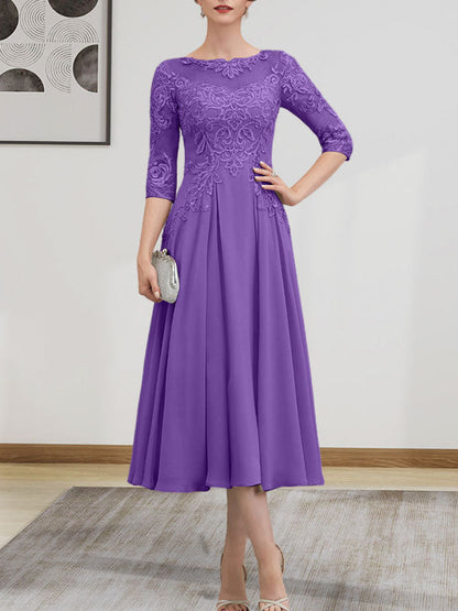 A-Linie, U-Ausschnitt, Illusion, knielang, Chiffon, Spitze, Kleid für die Brautmutter mit Perlen und Pailletten