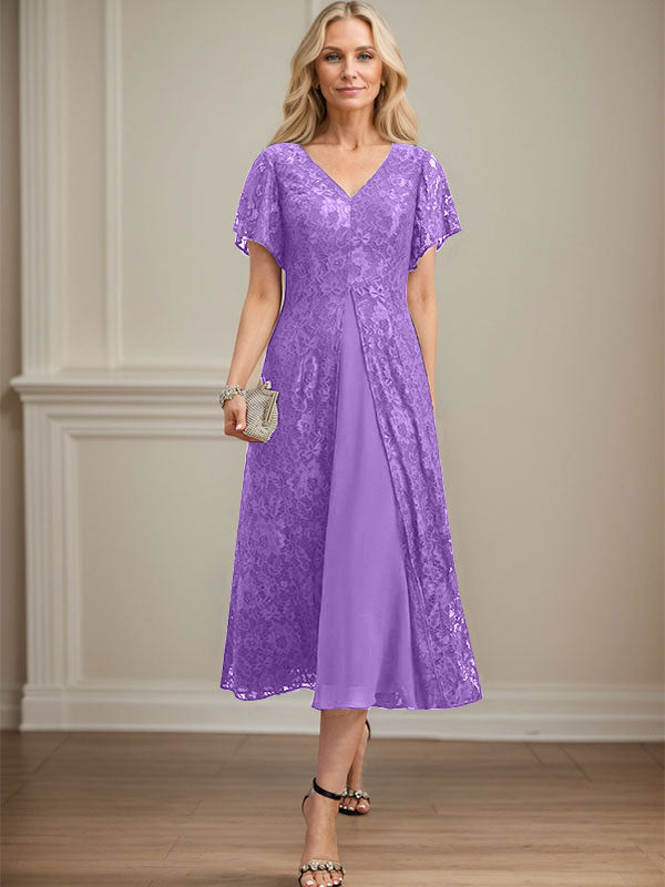 A-Linie V-Ausschnitt Wadenlanges Chiffon-Kleid für die Brautmutter 