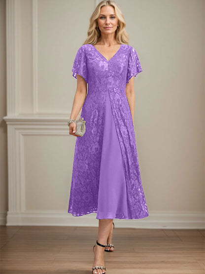 A-Linie V-Ausschnitt Wadenlanges Chiffon-Kleid für die Brautmutter 
