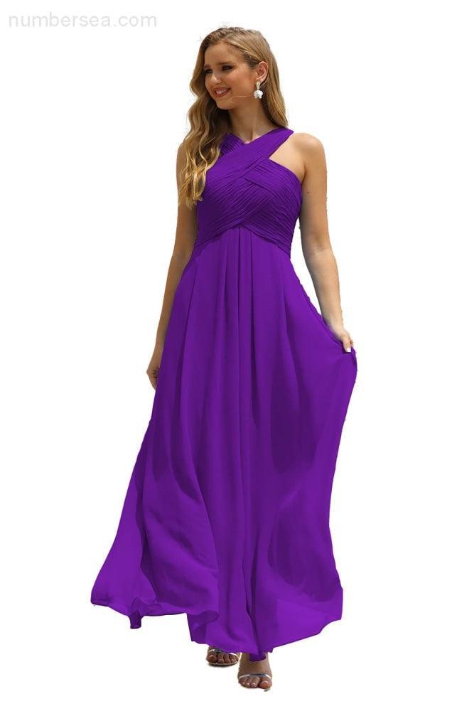 Vestido de Dama de Honra Halter em Chiffon para Mulher, Modelo A-Line, Longo, Formal, para Baile de Finalistas SEA28015