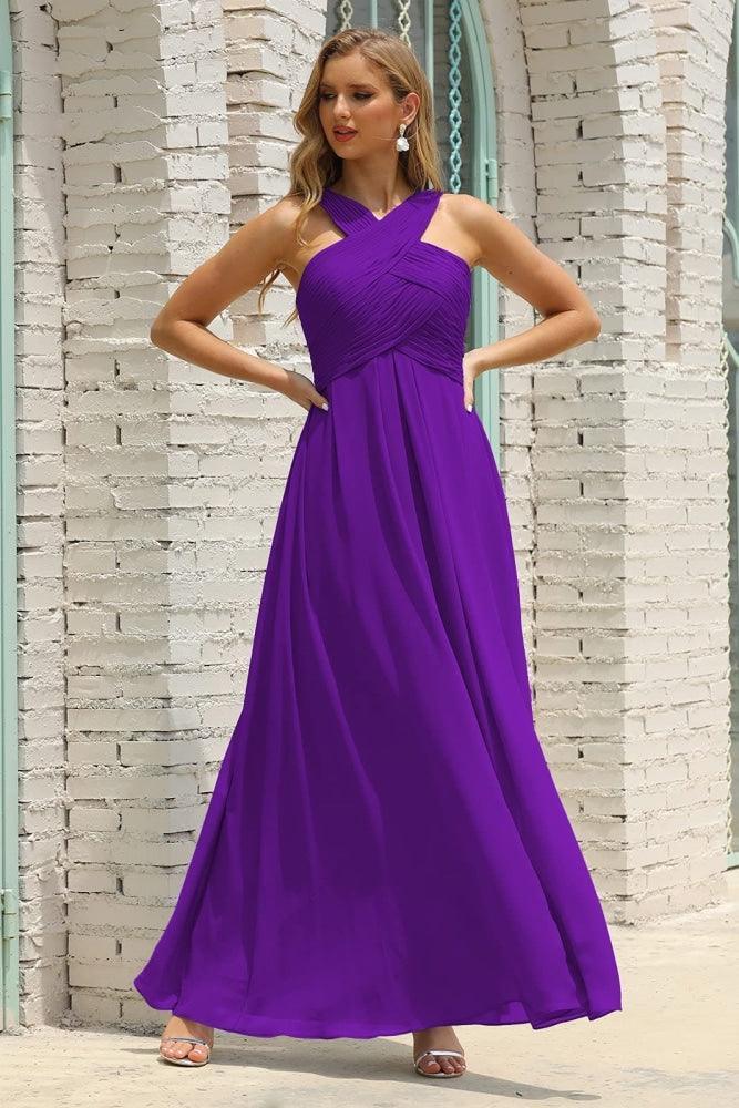 Vestido de Dama de Honra Halter em Chiffon para Mulher, Modelo A-Line, Longo, Formal, para Baile de Finalistas SEA28015