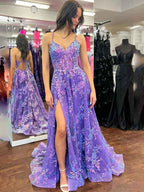 Purple A Line Spaghetti Strap V Neck Lace Applique Prom Dress With Slit