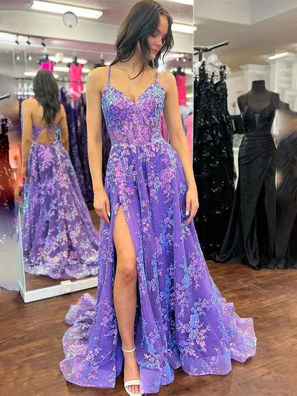 Purple A Line Spaghetti Strap V Neck Lace Applique Prom Dress With Slit