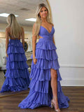 Lavender Purple A Line Prom Dress With V Neck Ruffles