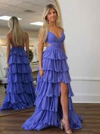 Lavender Purple A Line Prom Dress With V Neck Ruffles