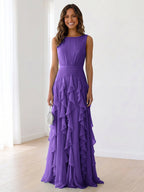 Sky Blue Tiered Chiffon Evening Maxi Dress With Ruched Bodice