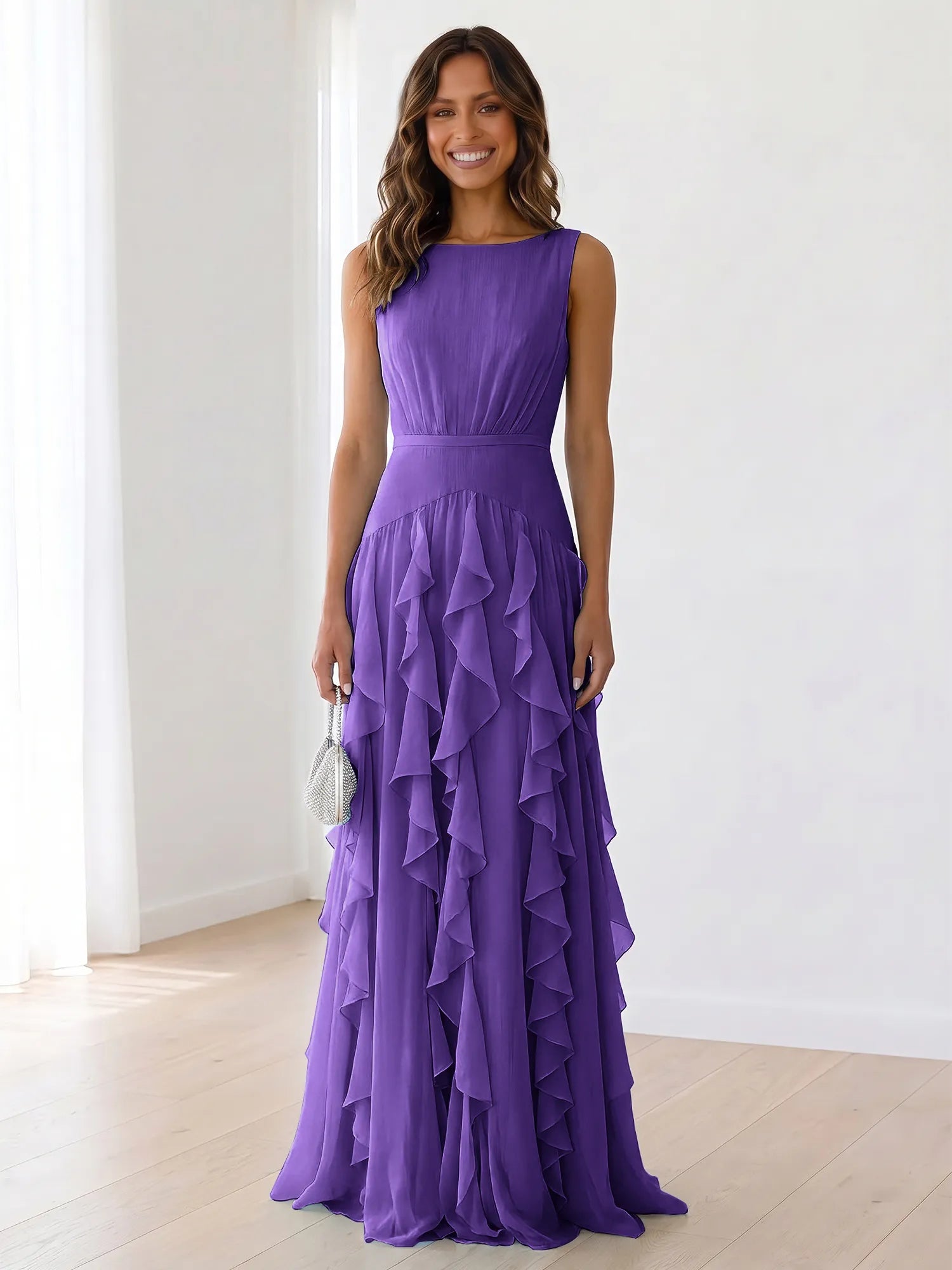 Sky Blue Tiered Chiffon Evening Maxi Dress With Ruched Bodice