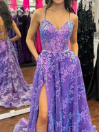 Purple A Line Spaghetti Strap V Neck Lace Applique Prom Dress With Slit