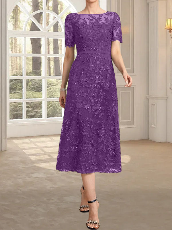 A-Linie, U-Ausschnitt, Illusion, knielang, Spitze, Kleid für die Brautmutter mit Pailletten