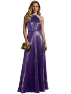 Gold Metallic Halter Pleated Long Prom Dress