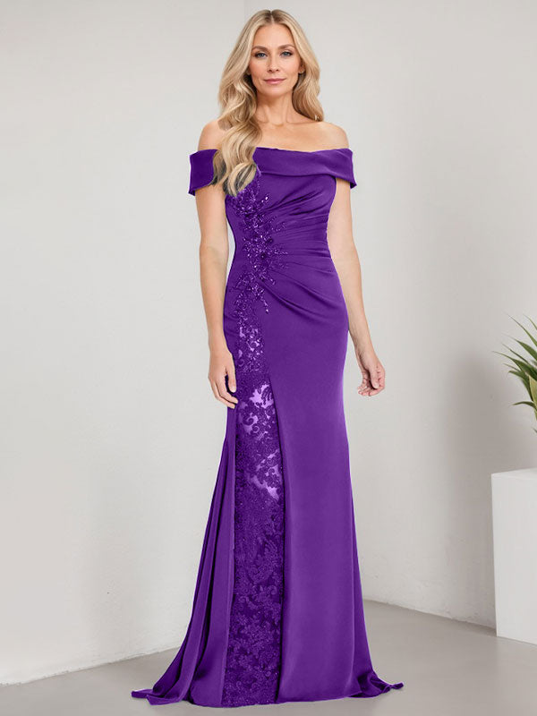 Robe de mère de la mariée longue jusqu'au sol, ligne A, épaules dénudées, appliques et perles, robe sirène avec fente haute