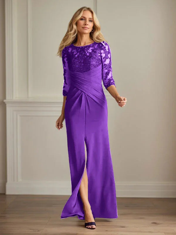 فستان أم العروس من كريب مطاطي مزين بدانتيل غمد برقوقي