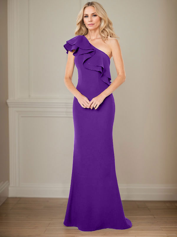 Robe de mère de la mariée en mousseline, longueur au sol, coupe en A, à une épaule avec volants