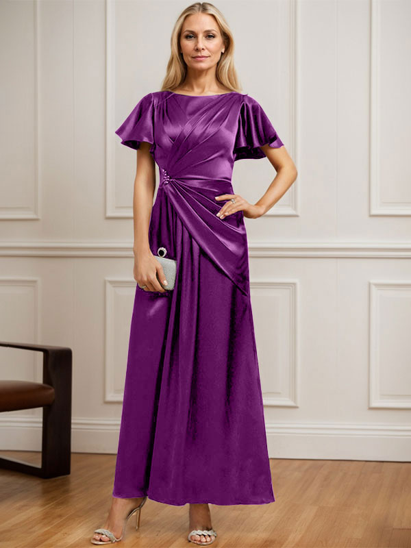 Robe de mère de la mariée en satin extensible, longueur cheville, en ligne A, décolleté arrondi, ornée de perles plissées