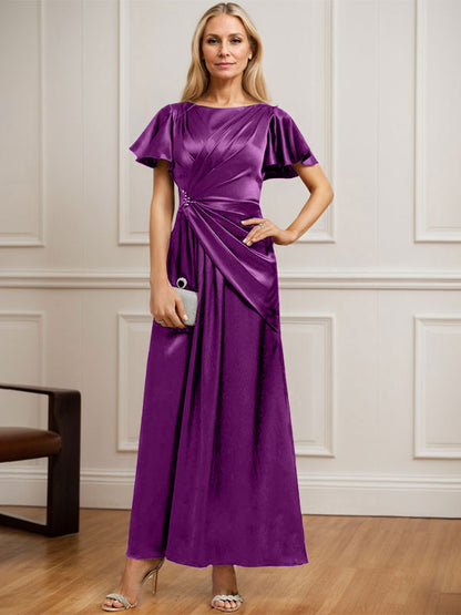 Vestido de madre de la novia de satén elástico con escote redondo y largo hasta los tobillos, con plisado y cuentas 