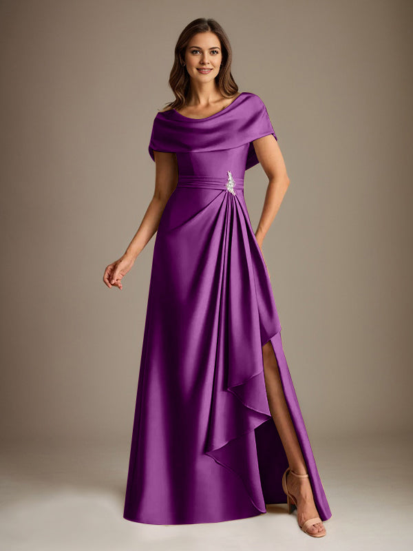 Robe de mère de la mariée en satin extensible, longueur au sol, coupe en A avec encolure dégagée et volants en cascade