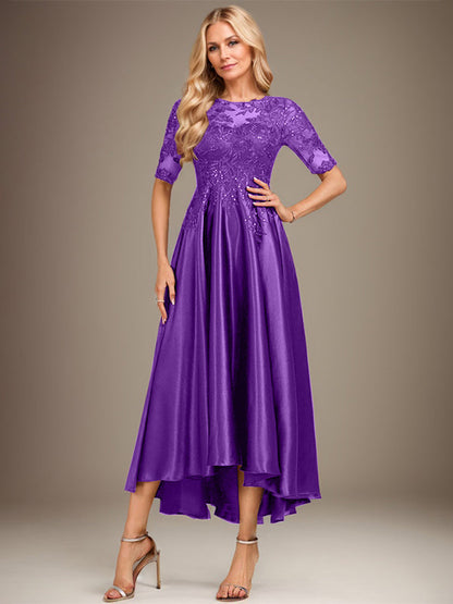 A-Linie, U-Ausschnitt, Illusion, asymmetrisch, Stretch-Satin, Spitze, Kleid für die Brautmutter mit Pailletten 