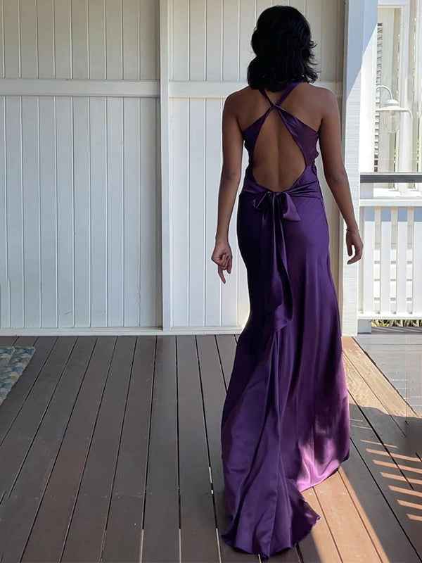Teal Satin Halter Neck Sheath Evening Prom Dress Backless Bowknot