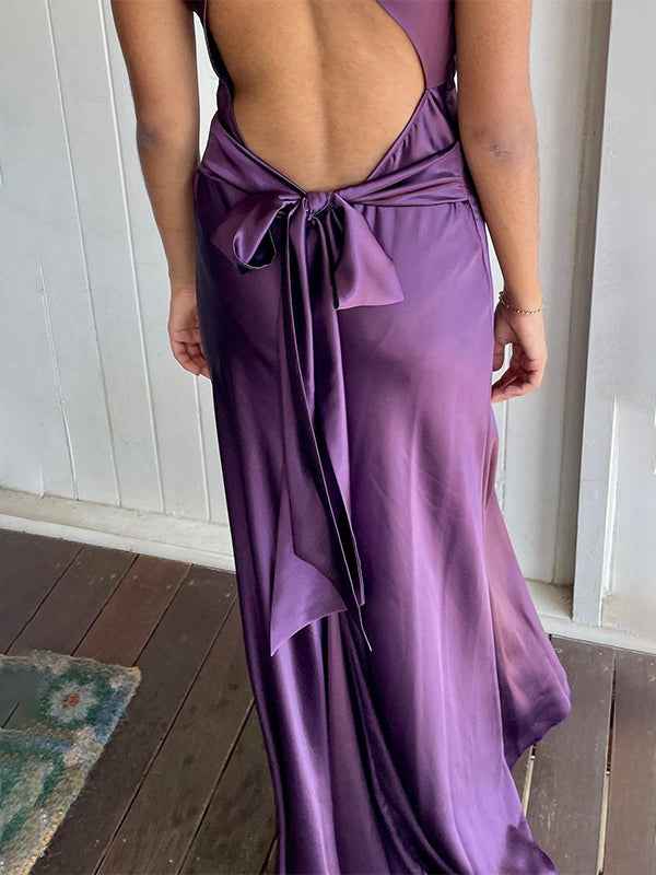 Teal Satin Halter Neck Sheath Evening Prom Dress Backless Bowknot